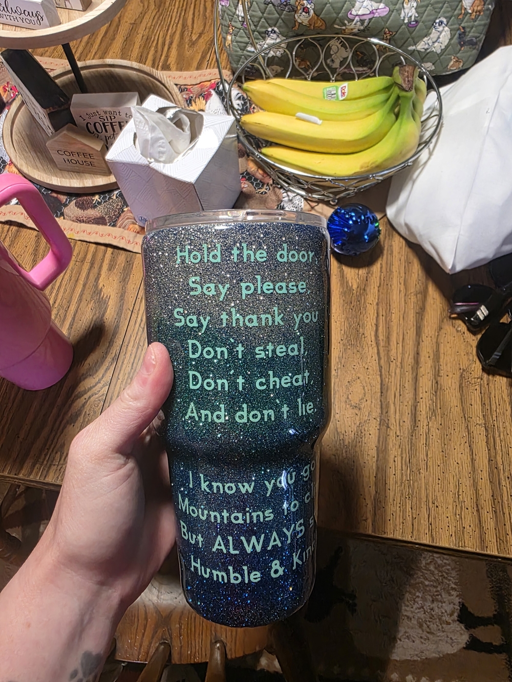 Glitter Ombre Stainless-Look Travel Tumbler with Inspirational Text - Teal/Blue